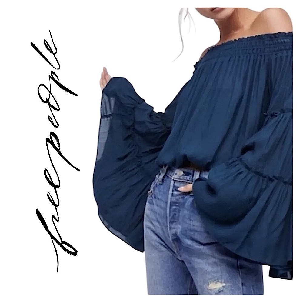 Free People Teal Smocked Boho Peasant Tiered Top Bell Sleeves Off Shoulder Fairy